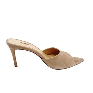 L'Agence Womens Lolita Suede Open Toe Mules EU39 Tan Stiletto Heel Pointed Toe